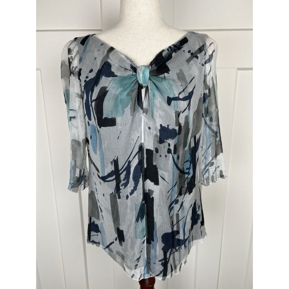 Armani Collezioni Gray, Navy & Teal Abstract Tie-Neck Blouse